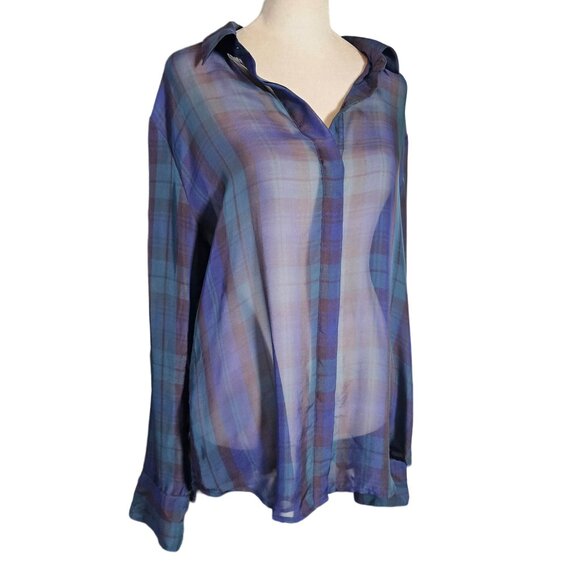 Madewell Women's Sheer Plaid long sleeve Button Down Blouse Top size L - Picture 1 of 11